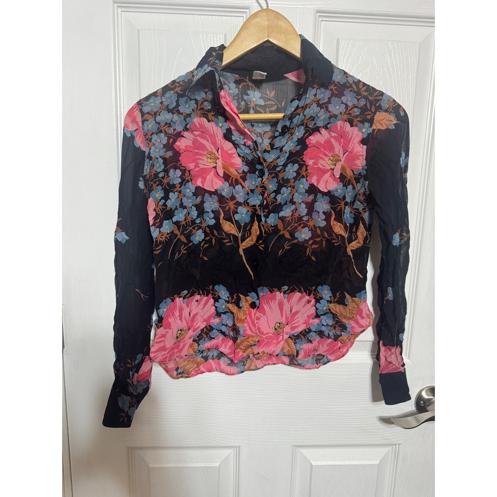 Chantilly Vintage Floral Sheer Button Down Blouse Black Pink Blue Size xs